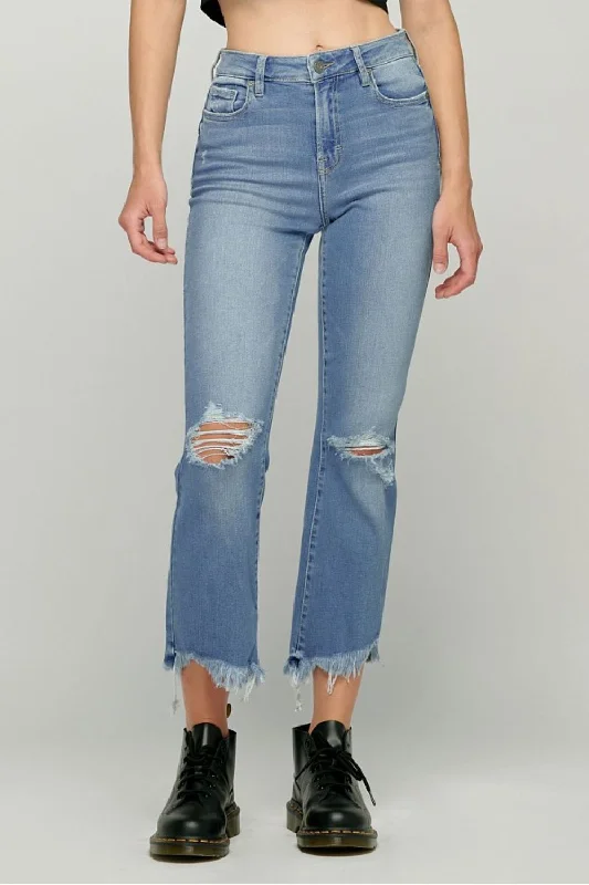 Hidden Jeans Happi Crop Flare With Frayed Uneven Hem In Medium Wash