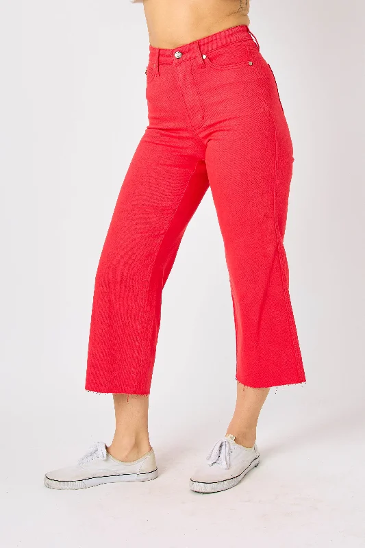 Judy Blue High Waist Red Garment Dyed Tummy Control Crop Wide Leg