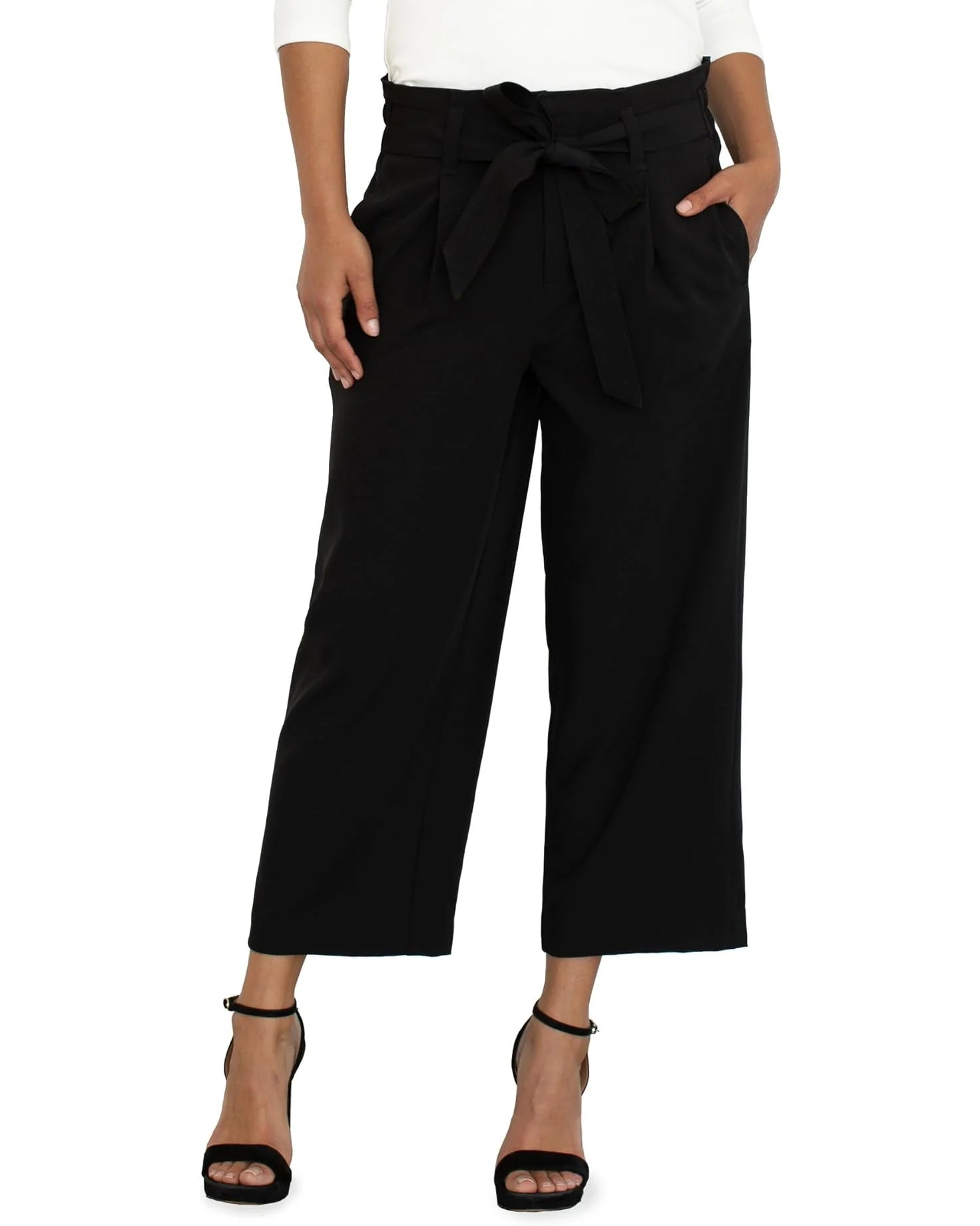 Liverpool Belted Paperbag Wide Leg Crop Black Pant 25 In.