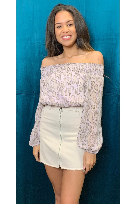 She And Sky Pink Snake Print Off The Shoulder Crop Top