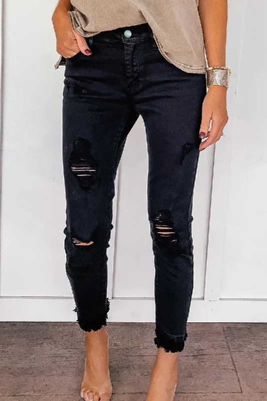 Black Distressed Frayed Cropped Skinny Jeans