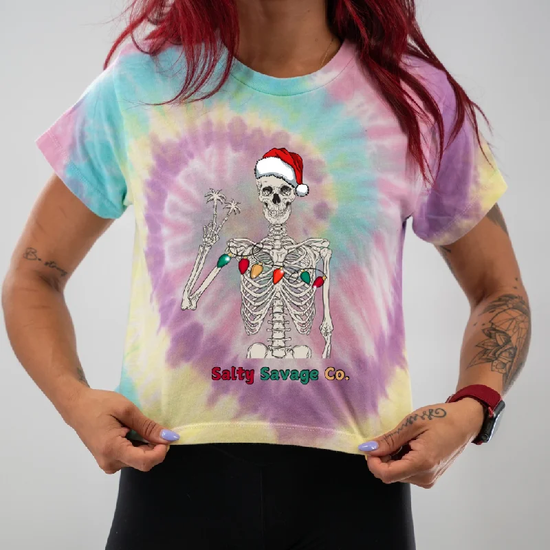 Salty Savage Ladies "Holiday Peace Skeleton” Spiral Tie Dye Crop Tee