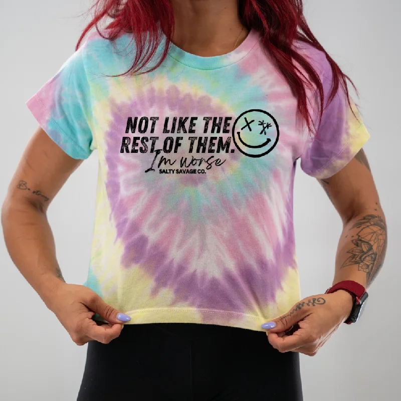 Salty Savage Ladies "I’m worse" Spiral Tie Dye Crop Tee