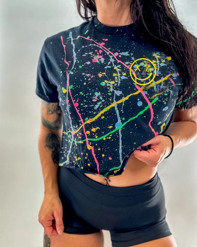 Salty Savage Ladies “Spliced Smile” Paint Splatter Crop Tee | Basic | Yellow